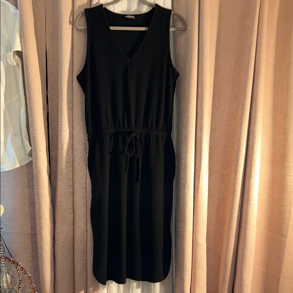 Black Sleeveless Midi Dress with Drawstring Waist